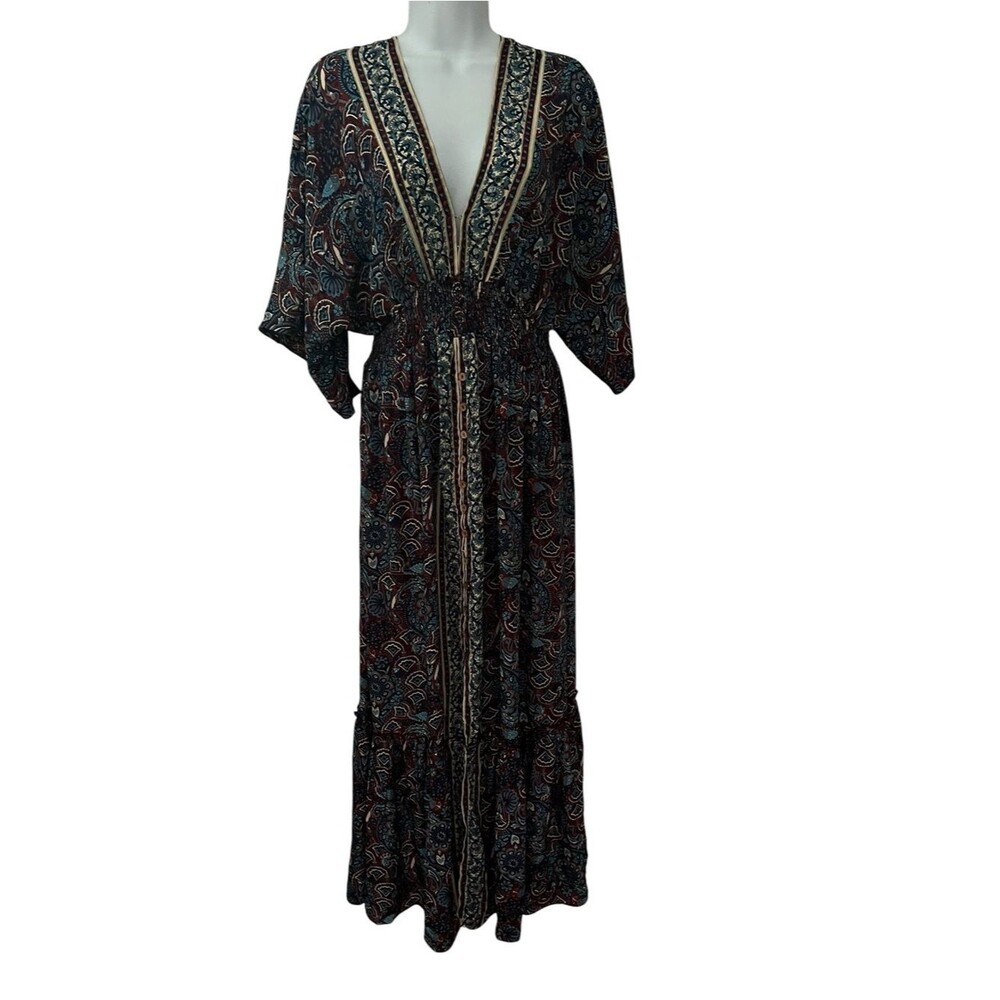 Natural Life Celia Boho Maxi Dress Paisley Smocked Empire Kimono Sleeve Small